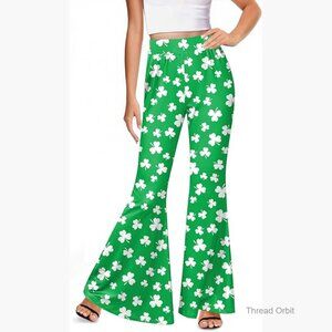 St. Patrick's Flared Pants High Waisted Shamrock Print Casual Trousers S-XXL